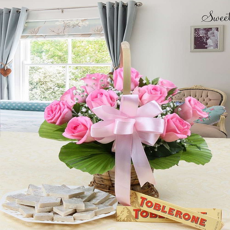 Pretty Pink Basket with Kaju Katli N Toblerone