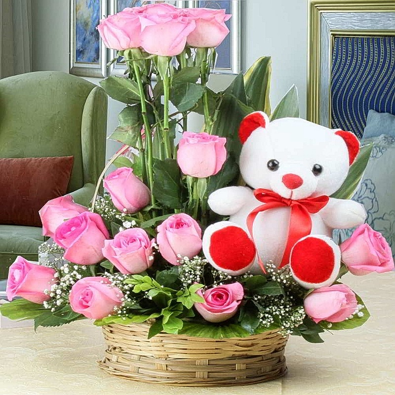 Flowery Teddy Basket