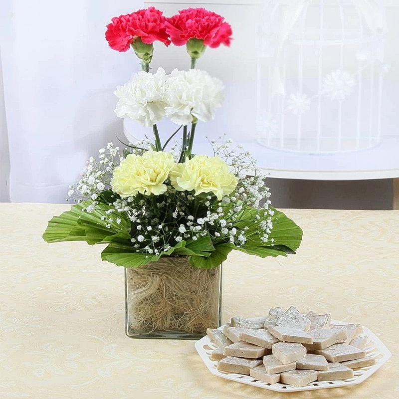 Colorful Carnations With Kaju katli