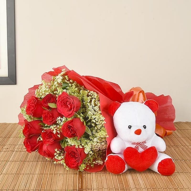 Red Roses With Teddy